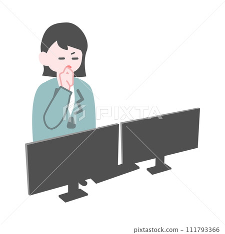A female worker in trouble in front of a PC 111793366