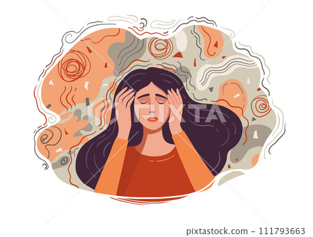 Depressed sad teen character with psychology problems. Stressed unhappy crying teenager in depression. Upset tired young person. Flat graphic vector illustration isolated on white background Depressed sad teen character with psychology problems. Stressed unhappy crying teenager in depression. Upset tired young person. Flat graphic vector illustration isolated on white background 111793663