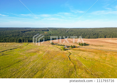 Grass autumn landscape at Ryzovna, Ore Mountains, Czech: Krusne hory, Czechia. Aerial view from drone. 111793716