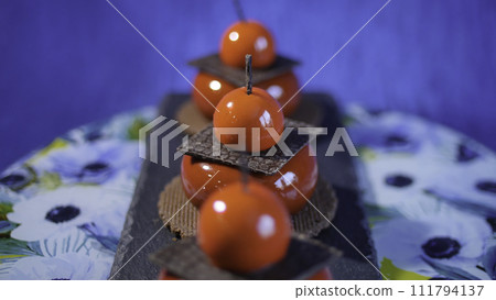 Three red cake with biscuits and chocolate. Tasty red cakes on background dark blue 111794137