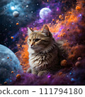 Cat flying in space among planets and bright fogs 111794180
