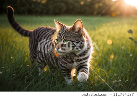 AI-generated content. Adorable, striped playful cat walking in the filed 111794187