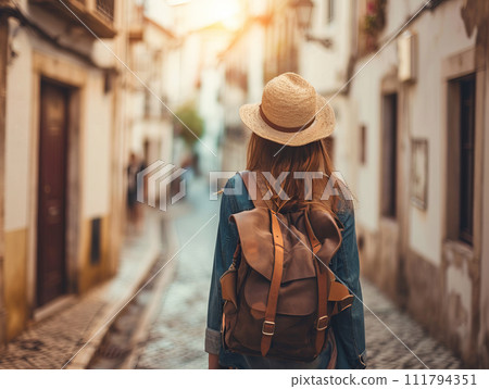 AI-generated content. Younge female traveler on the streets of Lisbon, Portugal, discovering historic center and landmarks 111794351