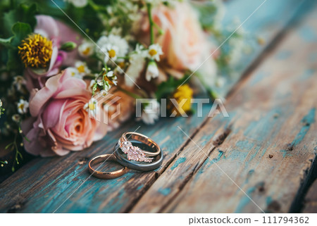 AI-generated content. Diamond wedding rings jewelry and flowers bouquet for the wedding engagement and honeymoon AI-generated content. Diamond wedding rings jewelry and flowers bouquet for the wedding engagement and honeymoon 111794362