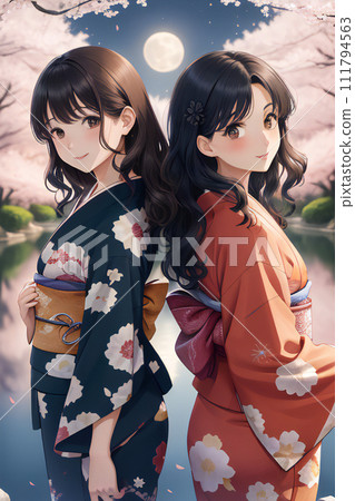 Viewing the cherry blossoms at night in a kimono [AI generated image] 111794563