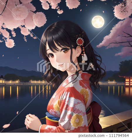 穿著和服欣賞夜晚的櫻花[AI生成的圖像] 111794564