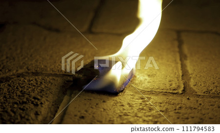 Charcoal fire with wood on cement. Coal of fire on the stone floor 111794583