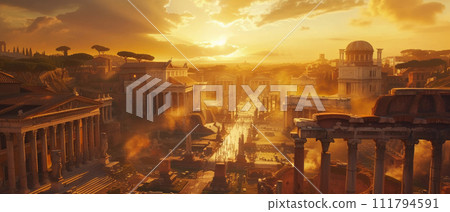 Panorama of Ancient Rome in sunlight, landscape... - Stock Illustration ...