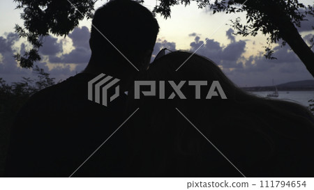Couple of lovers sitting together on beach cost and looking far at ocean horizon and sunset sky. Media. Boy and girl silhouettes embracing at sea with her head on his shoulder. 111794654