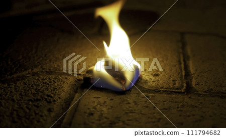 Charcoal fire with wood on cement. Coal of fire on the stone floor 111794682