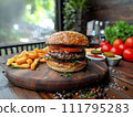 AI-generated content. a washed-up, juicy burger on a wooden tray. Generative AI 111795283