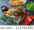 AI-generated content. a washed-up, juicy burger on a wooden tray. Generative AI 111795285