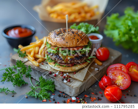 AI-generated content. a washed-up, juicy burger on a wooden tray. Generative AI AI-generated content. a washed-up, juicy burger on a wooden tray. Generative AI 111795285