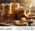 AI-generated content. Bitcoin gold coins on US dollars. Generative AI 111795288