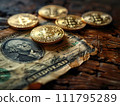 AI-generated content. Bitcoin gold coins on US dollars. Generative AI 111795289