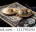 AI-generated content. Bitcoin gold coins on US dollars. Generative AI 111795291
