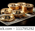 AI-generated content. Bitcoin gold coins on US dollars. Generative AI 111795292