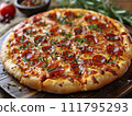 AI-generated content. Pepperoni pizza with sausage and cheese. Generative AI 111795293