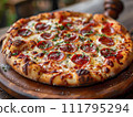 AI-generated content. Pepperoni pizza with sausage and cheese. Generative AI 111795294