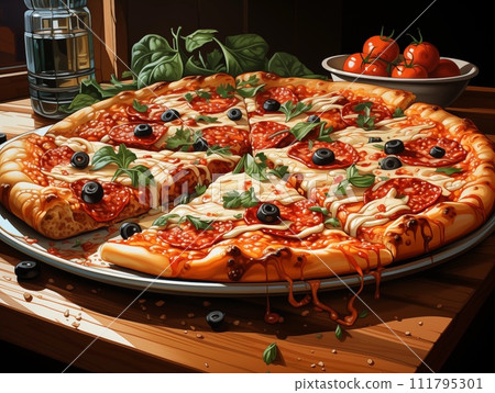 AI-generated content. Pepperoni pizza with sausage and cheese. Generative AI AI-generated content. Pepperoni pizza with sausage and cheese. Generative AI 111795301