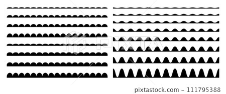 Wiggly borders, scallop stripes, wavy dividers, undulated strokes, curvy brushes isolated on white background. Seamless squiggle pattern. Winding decorative elements. Vector graphic illustration 111795388