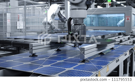 Heavy machinery in cutting edge solar panel factory maneuvering photovoltaic modules. PV cells produced in sustainable energy based facility with assembly lines, 3D rendering illustration 111795553