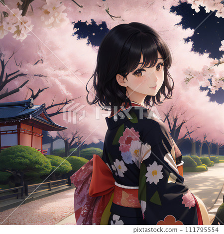 Viewing the cherry blossoms at night in a kimono [AI generated image] 111795554