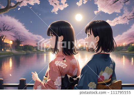 Viewing the cherry blossoms at night in a kimono [AI generated image] 111795555