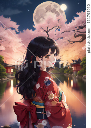 Viewing the cherry blossoms at night in a kimono [AI generated image] 111795930