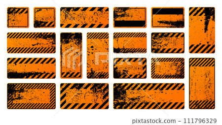 Orange grunge warning signs with diagonal lines. Old attention, danger or caution sign, construction site signage. Realistic notice signboard, warning banner, road shield. Vector illustration Orange grunge warning signs with diagonal lines. Old attention, danger or caution sign, construction site signage. Realistic notice signboard, warning banner, road shield. Vector illustration 111796329
