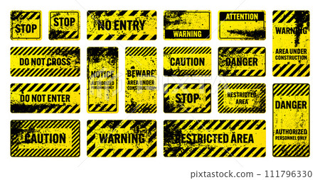 Various yellow grunge warning signs with diagonal lines. Old attention, danger or caution sign, construction site signage. Realistic notice signboard, warning banner, road shield. Vector illustration Various yellow grunge warning signs with diagonal lines. Old attention, danger or caution sign, construction site signage. Realistic notice signboard, warning banner, road shield. Vector illustration 111796330