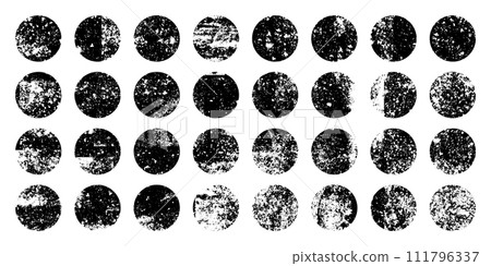 Grunge circles with stains and scratches. Circle brush stroke, round shape design element. Distressed dirty text frame, border, sticker or label. Paintbrush, ink stains. Vector illustration Grunge circles with stains and scratches. Circle brush stroke, round shape design element. Distressed dirty text frame, border, sticker or label. Paintbrush, ink stains. Vector illustration 111796337