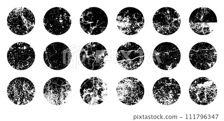 Grunge circles with stains and scratches. Circle brush stroke, round shape design element. Distressed dirty text frame, border, sticker or label. Paintbrush, ink stains. Vector illustration Grunge circles with stains and scratches. Circle brush stroke, round shape design element. Distressed dirty text frame, border, sticker or label. Paintbrush, ink stains. Vector illustration 111796347