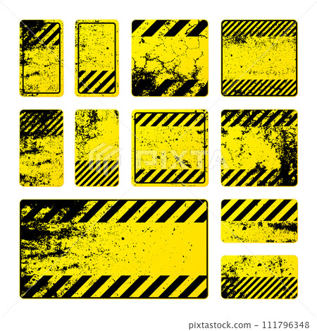 Various yellow grunge warning signs with diagonal lines. Old attention, danger or caution sign, construction site signage. Realistic notice signboard, warning banner, road shield. Vector illustration Various yellow grunge warning signs with diagonal lines. Old attention, danger or caution sign, construction site signage. Realistic notice signboard, warning banner, road shield. Vector illustration 111796348