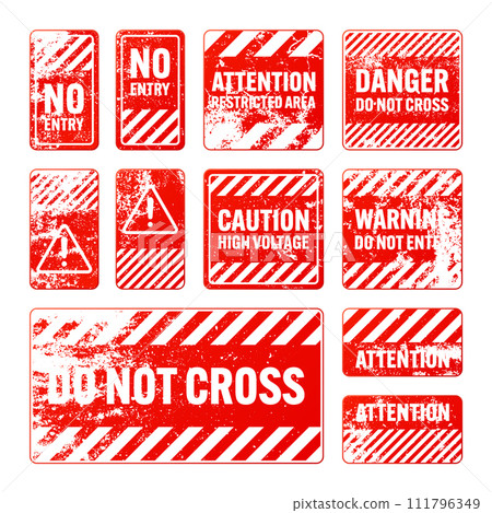 Red grunge warning signs with diagonal lines. Old attention, danger or caution sign, construction site signage. Realistic notice signboard, warning banner, road shield. Vector illustration Red grunge warning signs with diagonal lines. Old attention, danger or caution sign, construction site signage. Realistic notice signboard, warning banner, road shield. Vector illustration 111796349