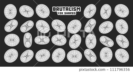Wireframe shapes, lined torus. Perspective mesh, 3d grid. Modern trendy low poly geometric elements. Retro futuristic design elements, y2k, vaporwave and synthwave style. Vector illustration 111796356