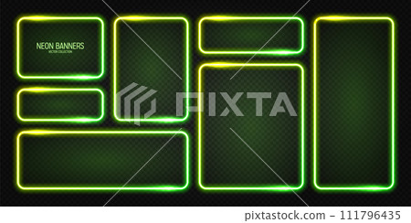 Glowing neon banners, illuminated colorful square frames. Shiny vibrant border, glow effect. Green vintage retro lights, night illumination. Modern futuristic UI design elements. Vector illustration 111796435