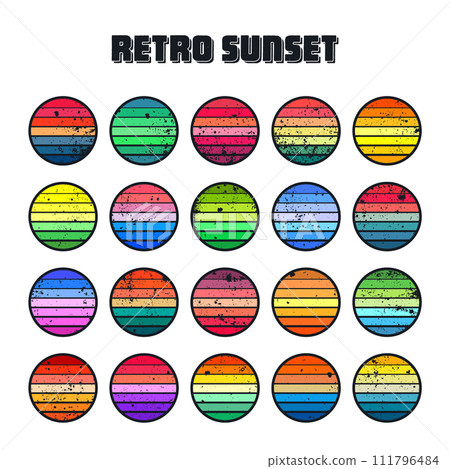 Grunge vintage sunset collection. Colorful striped sunrise badges in 80s and 90s style. Sun and ocean view, summer vibes, surfing. Design element for print, logo or t-shirt. Vector illustration Grunge vintage sunset collection. Colorful striped sunrise badges in 80s and 90s style. Sun and ocean view, summer vibes, surfing. Design element for print, logo or t-shirt. Vector illustration 111796484