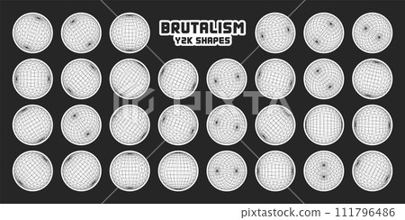 Wireframe shapes, lined sphere. Perspective mesh, 3d grid. Modern trendy low poly geometric elements. Retro futuristic design elements, y2k, vaporwave and synthwave style. Vector illustration 111796486