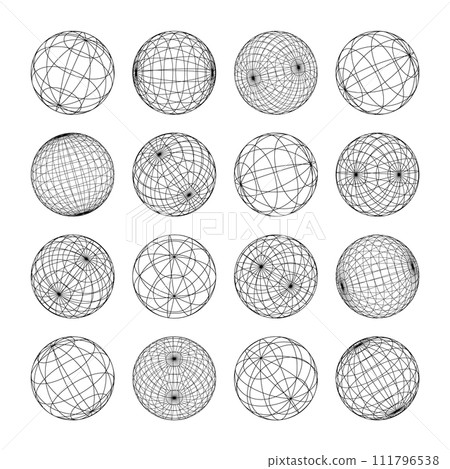 Wireframe shapes, lined sphere. Perspective mesh, 3d grid. Low poly geometric elements. Retro futuristic design elements, y2k, vaporwave and synthwave style. Vector illustration 111796538