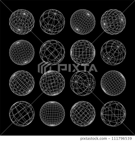 Wireframe shapes, lined sphere. Perspective mesh, 3d grid. Low poly geometric elements. Retro futuristic design elements, y2k, vaporwave and synthwave style. Vector illustration 111796539