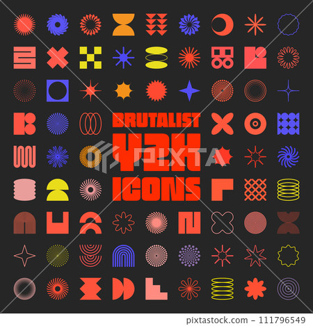 Brutalist geometric shapes, symbols. Simple primitive elements and forms. Retro design, trendy contemporary minimalist style, y2k. Vector illustration Brutalist geometric shapes, symbols. Simple primitive elements and forms. Retro design, trendy contemporary minimalist style, y2k. Vector illustration 111796549