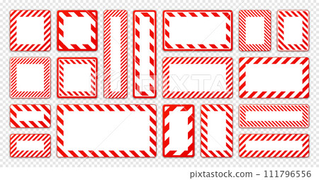 Various blank warning signs with diagonal lines. Yellow attention, danger or caution sign, construction site signage. Realistic notice signboard, warning banner, road shield. Vector illustration Various blank warning signs with diagonal lines. Yellow attention, danger or caution sign, construction site signage. Realistic notice signboard, warning banner, road shield. Vector illustration 111796556