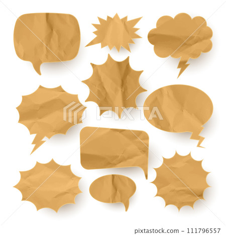 Crumpled paper comic speech bubbles. Hand drawn retro cartoon stickers. Pop art style. Old, vintage dialog boxes with cardboard texture. Vector illustration Crumpled paper comic speech bubbles. Hand drawn retro cartoon stickers. Pop art style. Old, vintage dialog boxes with cardboard texture. Vector illustration 111796557