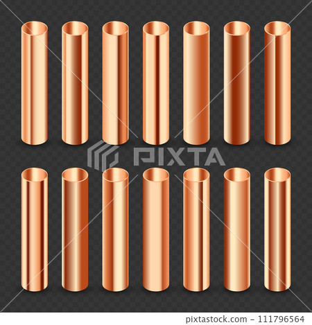 Copper pipes collection. Construction material, pipeline. Industry and engineering. Polished metal texture with silver gradient. Vector illustration 111796564