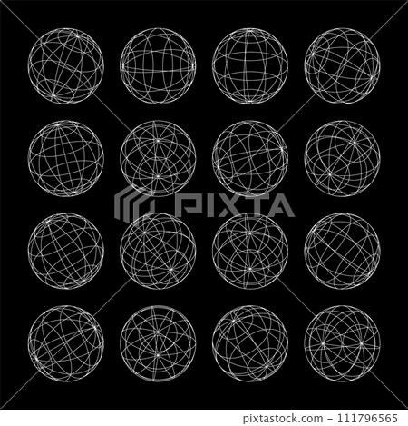 Wireframe shapes, lined sphere. Perspective mesh, 3d grid. Low poly geometric elements. Retro futuristic design elements, y2k, vaporwave and synthwave style. Vector illustration Wireframe shapes, lined sphere. Perspective mesh, 3d grid. Low poly geometric elements. Retro futuristic design elements, y2k, vaporwave and synthwave style. Vector illustration 111796565