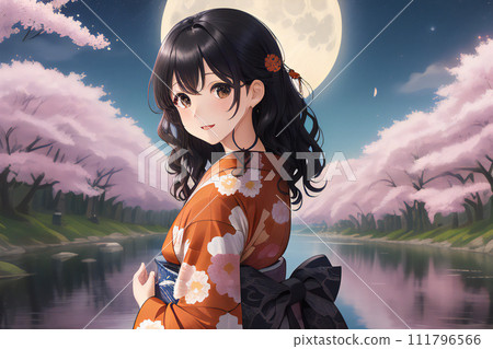 穿著和服欣賞夜晚的櫻花[AI生成的圖像] 111796566