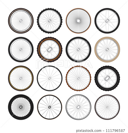 Realistic 3d retro bicycle wheels. Vintage bike rubber tyres, shiny metal spokes and rims. Fitness cycle, touring, sport, road and mountain bike. Vector illustration Realistic 3d retro bicycle wheels. Vintage bike rubber tyres, shiny metal spokes and rims. Fitness cycle, touring, sport, road and mountain bike. Vector illustration 111796587