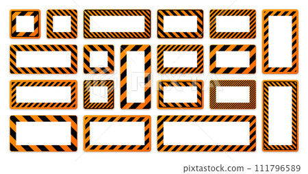 Various blank warning signs with diagonal lines. Orange attention, danger or caution sign, construction site signage. Realistic notice signboard, warning banner, road shield. Vector illustration Various blank warning signs with diagonal lines. Orange attention, danger or caution sign, construction site signage. Realistic notice signboard, warning banner, road shield. Vector illustration 111796589