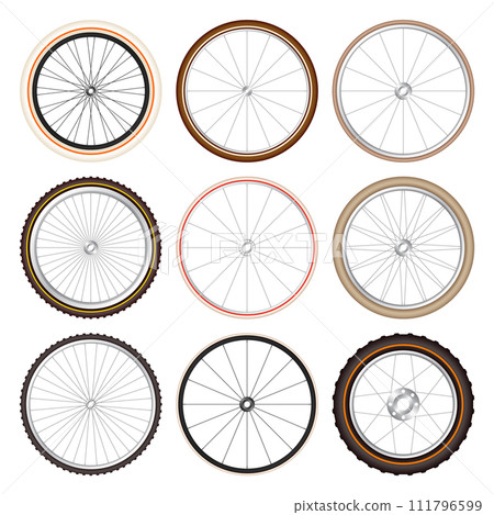 Realistic 3d retro bicycle wheels. Vintage bike rubber tyres, shiny metal spokes and rims. Fitness cycle, touring, sport, road and mountain bike. Vector illustration 111796599